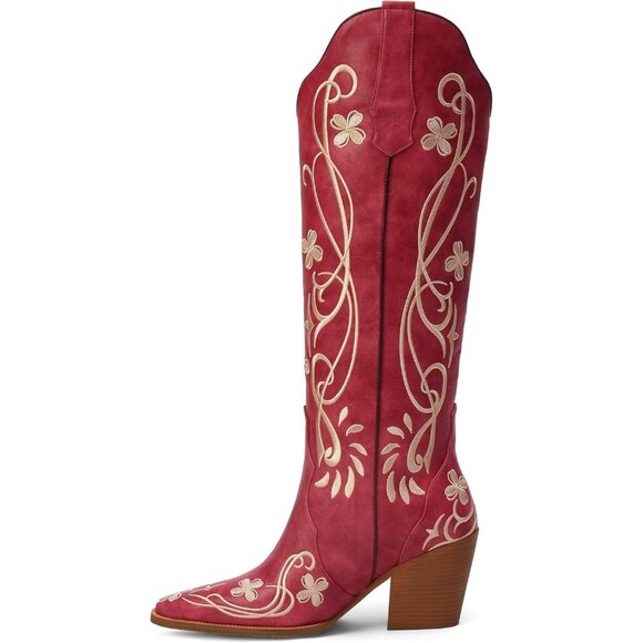 Shoes - Women's Knee High Heel Floral Embroidered Red Classic Design Western Boots